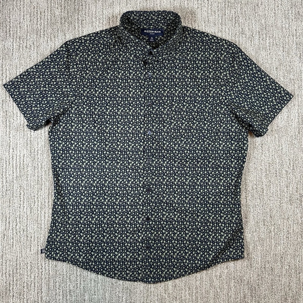 Mizzen+Main Leeward Shirt Mens XL Green Leaf AOP Short Sleeve Trim Fit Stretch